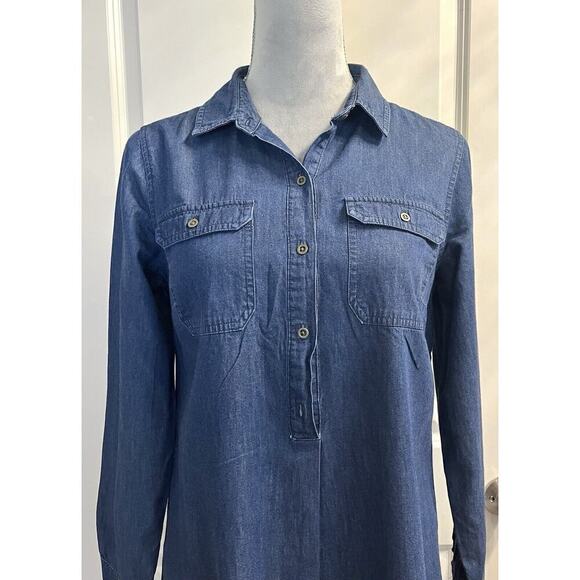 Old Navy Chambray Shift Tunic Dress Pullover 1/2 Button Up Long Sleeve Blue Sz S - Picture 2 of 8